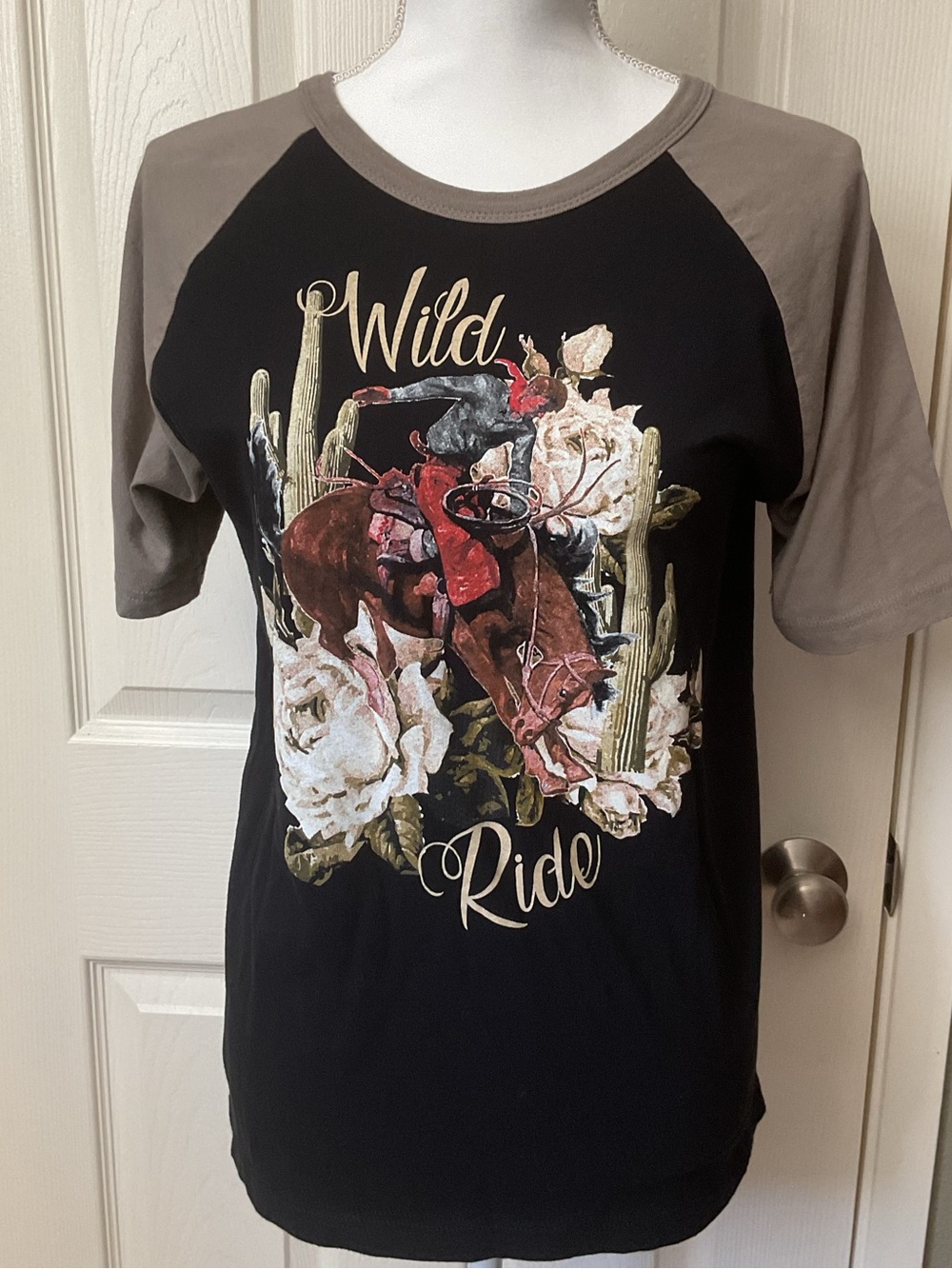 Wild Ride Graphic Raglan Tee - Black with Taupe Sleeves